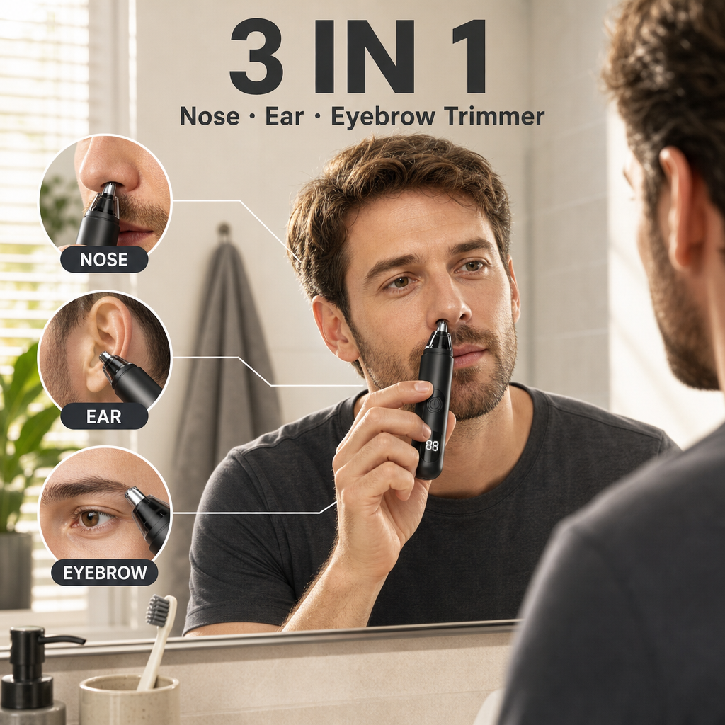 3 in 1 Nose Ear Eyebrow Trimmer for Men Women, Painless Rechargeable Nose Hair Trimmer LCD Display, USB-C Fast Charging Waterproof Quiet Anti-Jam