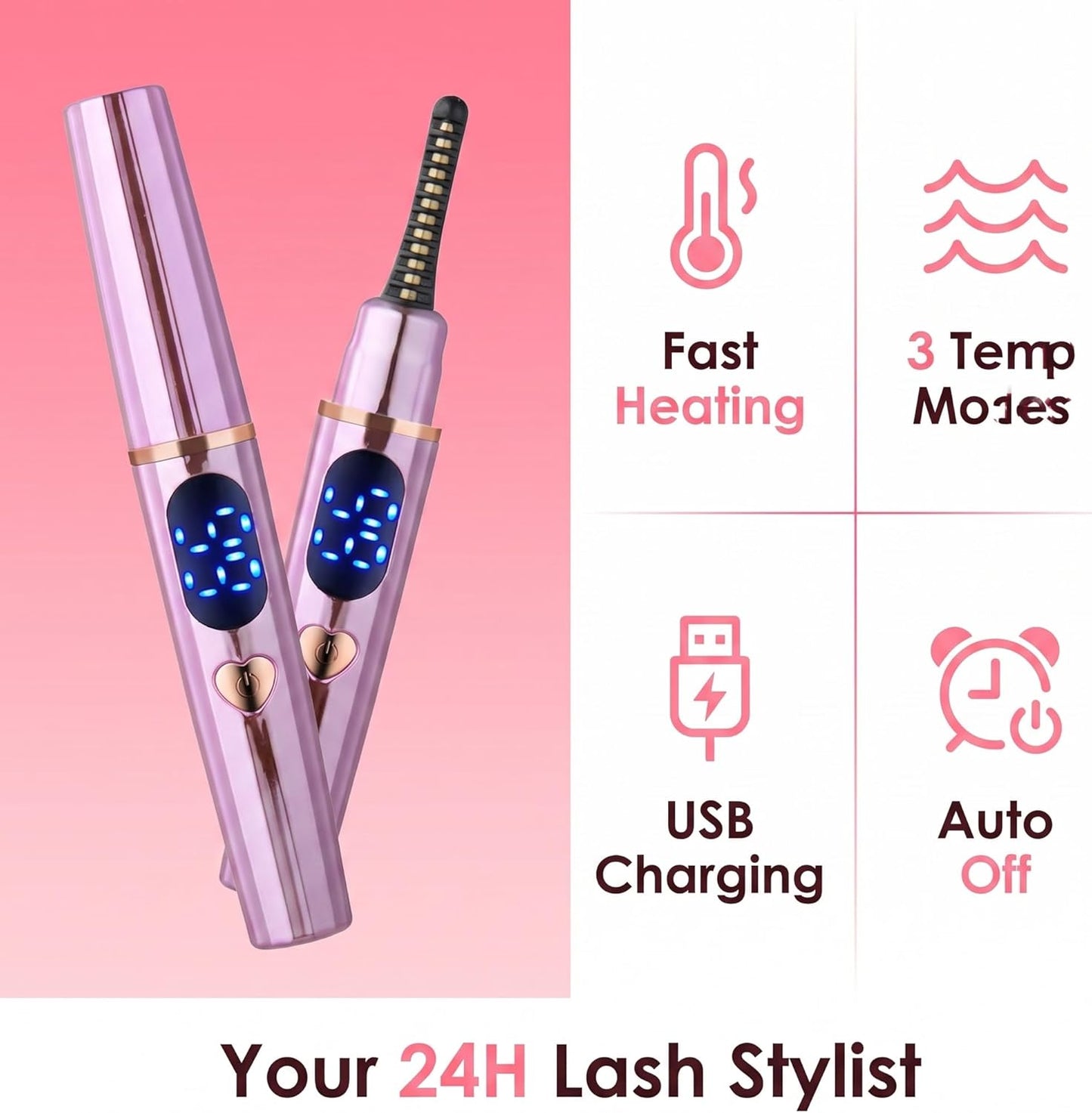 Heated Eyelash Curler- Eye Lash Curler Heat - Mini Electric Eyelash Curler with LED Display 3 Temp Settings USB Rechargeable Natural Curling 24H Long Lasting for Women