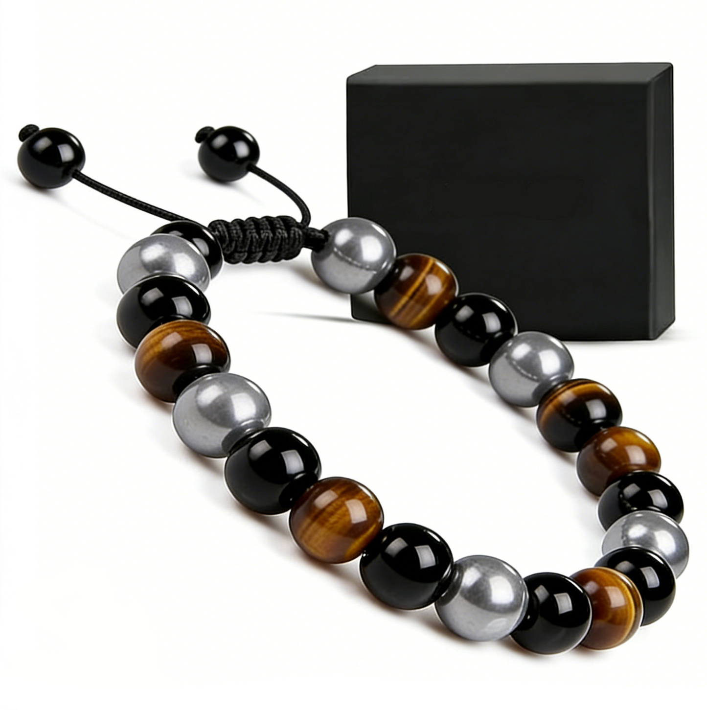 Men’s Adjustable Stretch Bracelet with Tiger Eye, Rainbow Obsidian & Hematite - Natural Stone Bead Jewellery, Gift for Him, Fits 6.3-9.5 Inch