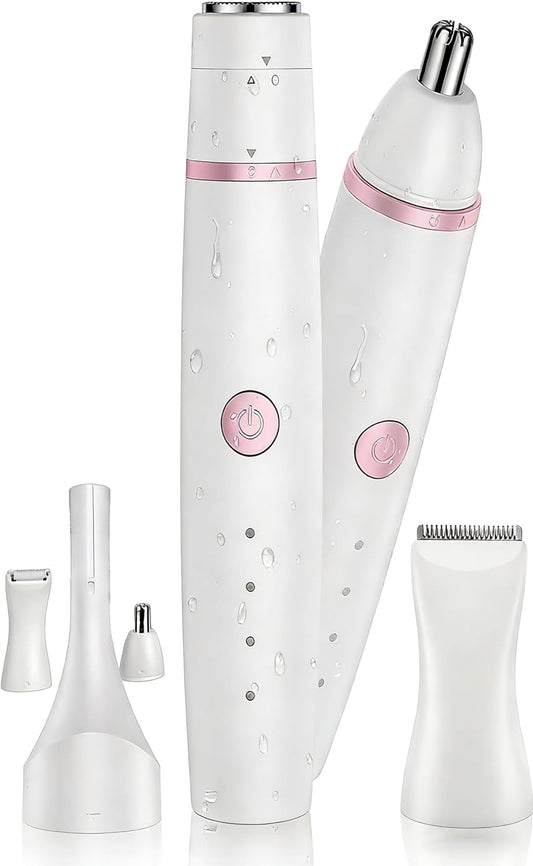 4-in-1 Women's Facial Hair Remover and Bikini Trimmer with Eyebrow Razor, Nose Ear Trimmer, USB C Fast Charging, 4-Level Battery Indicator - Compact Travel Friendly Easy Clean for Face Body