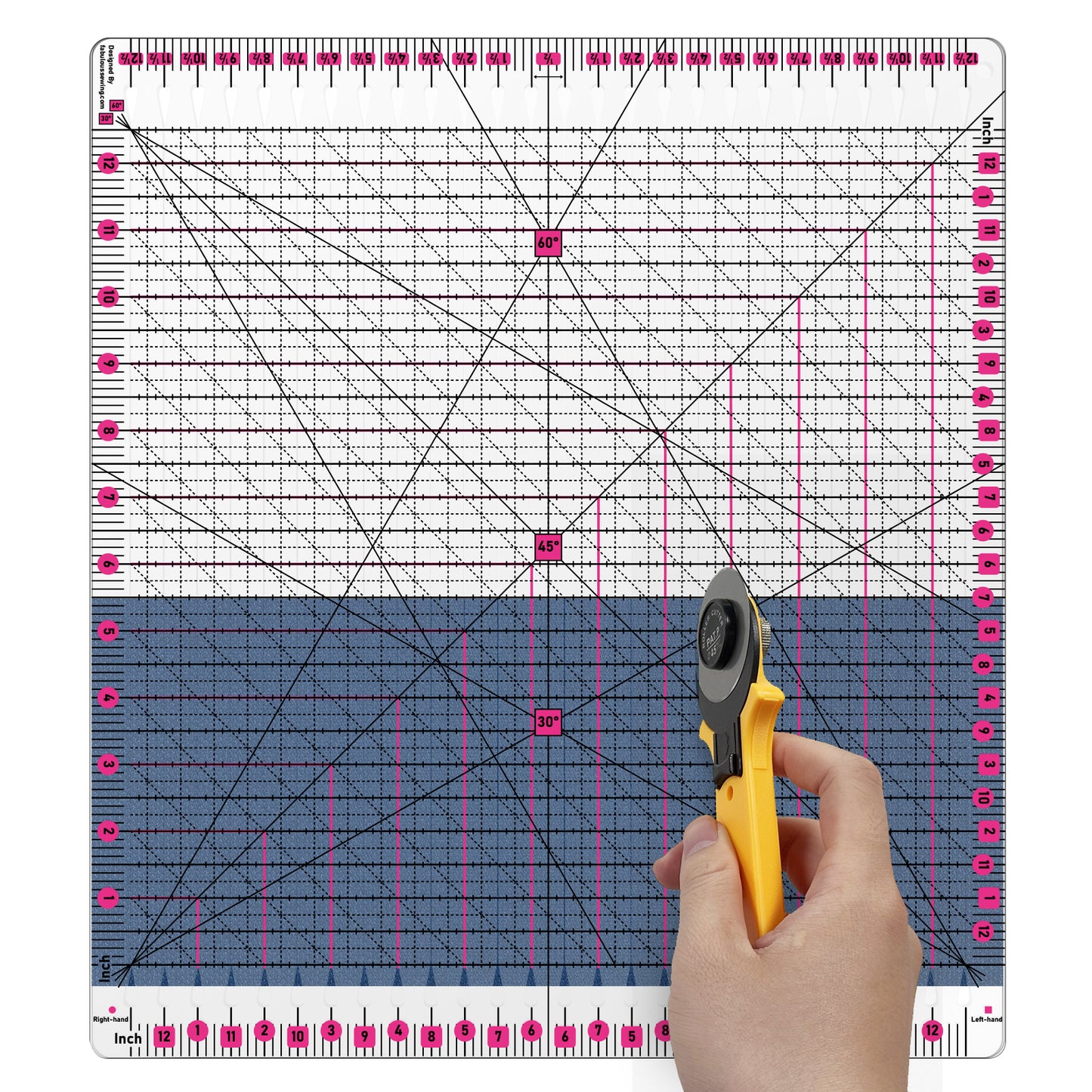 12.5x12.5 Inch Slotted Quilting Ruler with 45°/60° Multi-Angle, Non-Slip Grips & Cutting Grooves, Acrylic Sewing Ruler for Fabric Cutting and Patchwork