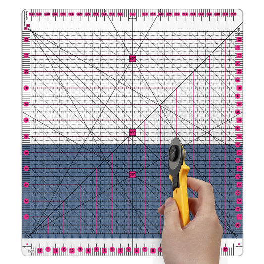 12.5x12.5 Inch Slotted Quilting Ruler with 45°/60° Multi-Angle, Non-Slip Grips & Cutting Grooves, Acrylic Sewing Ruler for Fabric Cutting and Patchwork