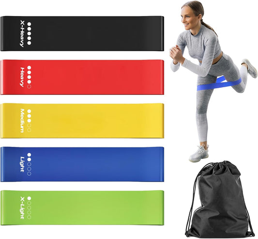 Resistance Bands Set of 5, 100% Natural Latex Skin-Friendly Exercise Loop Bands with 5 Resistance Levels for Legs, Glutes, Arms, Back - Includes Carry Bag for Home, Gym, Yoga, Pilates, Training