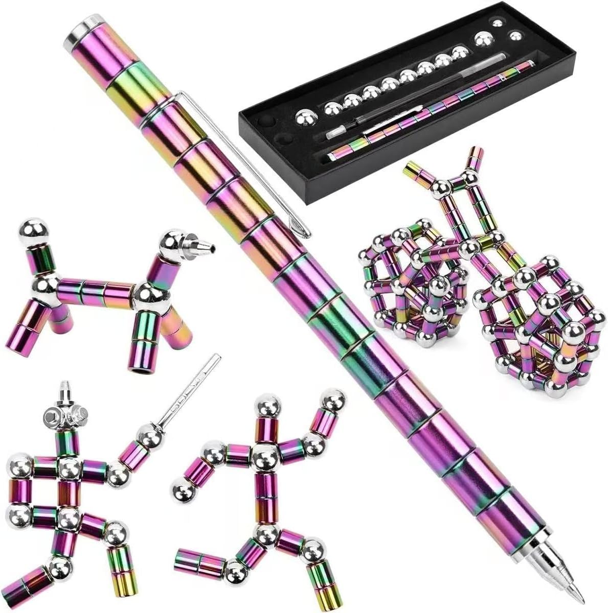 Magnetic Fidget Pen - Multifunctional Writing & Focus Tool with 2 Refills & 2 Stylus Tips, Stress Relief Gadget for Adults (Colorful)
