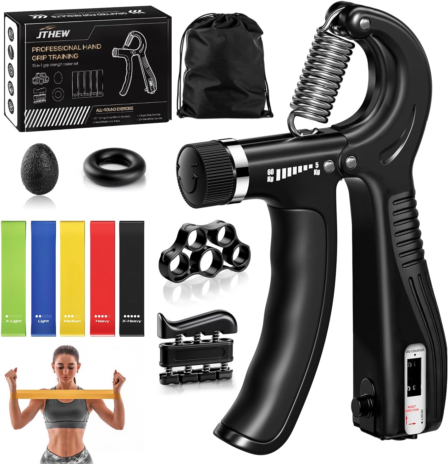 Grip Strength Trainer Kit (10-Pack): Adjustable Hand Gripper & Forearm Strengthener with Finger Stretcher, Ring, Stress Ball & 5 Bands for Muscle & Recovery.