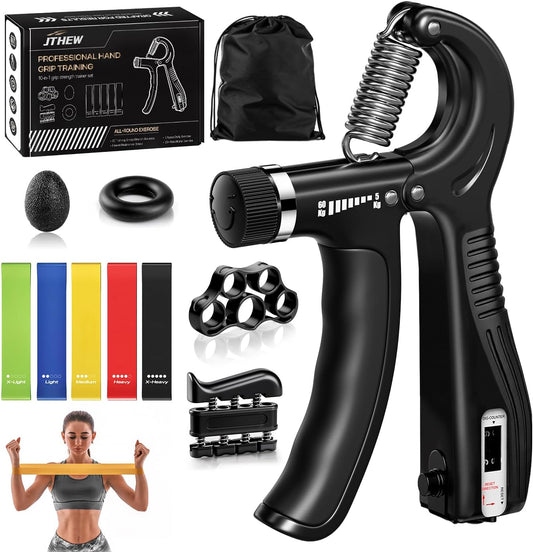 Grip Strength Trainer Kit (10-Pack): Adjustable Hand Gripper & Forearm Strengthener with Finger Stretcher, Ring, Stress Ball & 5 Bands for Muscle & Recovery.
