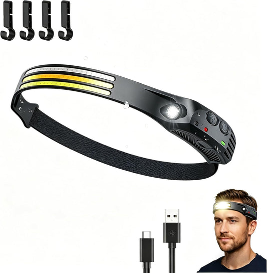 Ultralight 98g COB LED Head Torch Rechargeable 230 Wide Angle Motion Sensor Headlamp with Red Yellow White Warning Light Hands Free Flashlight for Camping Safety Emergency [Energy Class A++]
