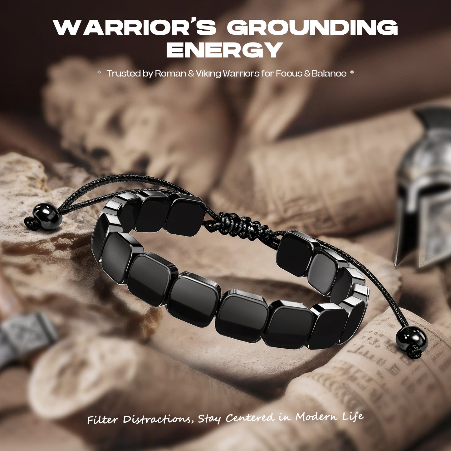 Adjustable Hematite Bracelet for Men - Natural Stone Bracelet for Masculine Energy, Inspired by Roman & Viking Warriors, Stretchable Fit for Wrist 6.3-9.5 inches (16-24cm)