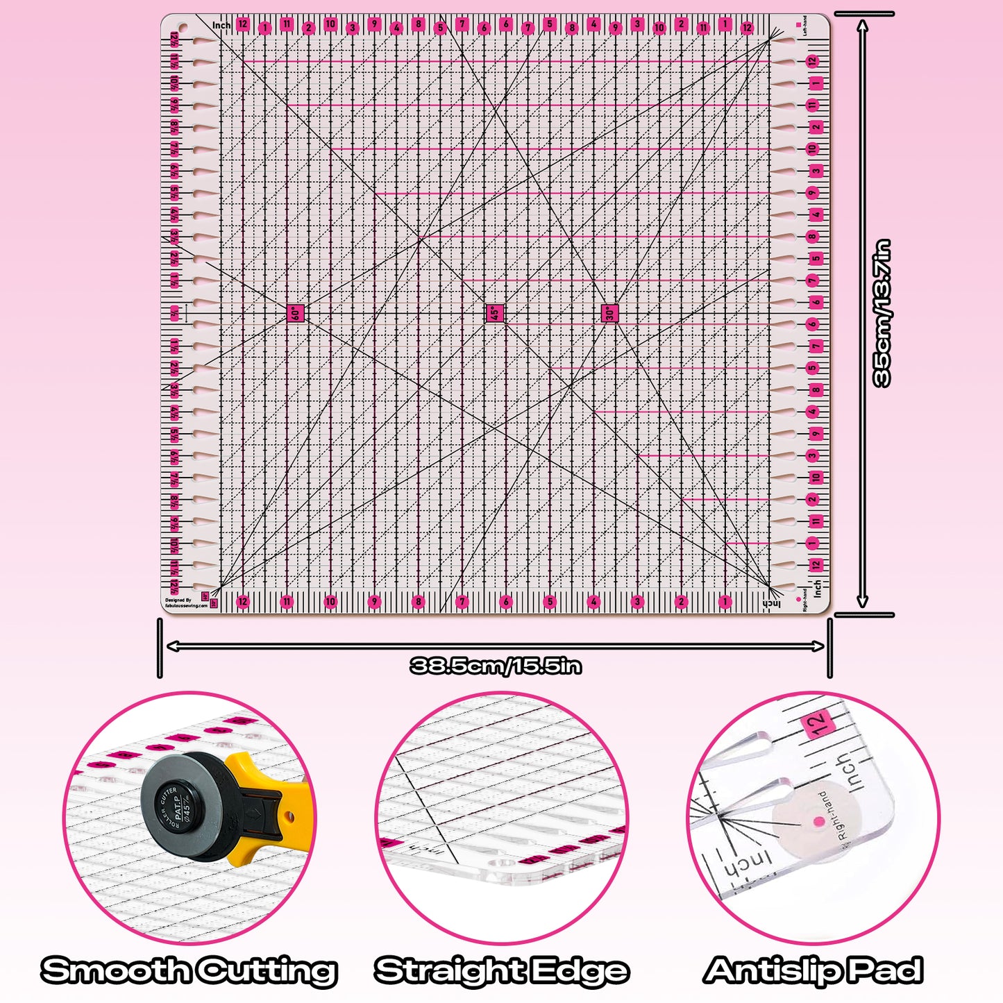 12.5x12.5 Inch Slotted Quilting Ruler with 45°/60° Multi-Angle, Non-Slip Grips & Cutting Grooves, Acrylic Sewing Ruler for Fabric Cutting and Patchwork