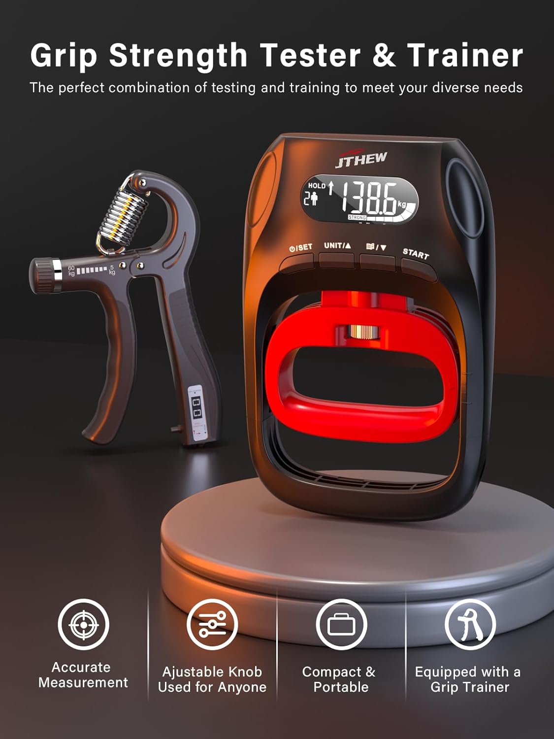 JTHEW Grip Strength Trainer - Adjustable Resistance 11-132lbs/5-60kg Hand Gripper & Forearm Strengthener Device with Smart Counter for Sports & Rehab