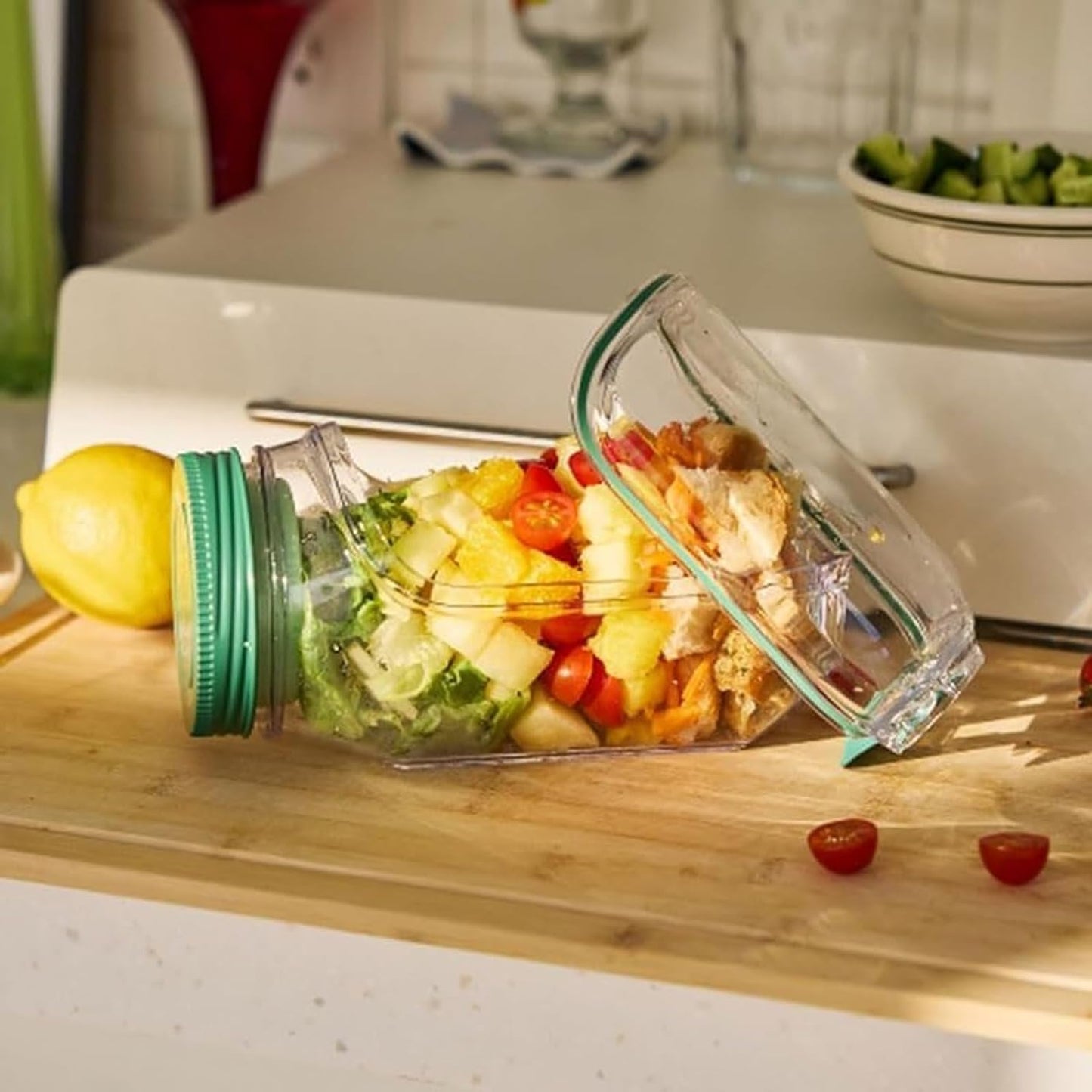 Salad Jar with Side Opening-Salad Jar Leakproof Salad Container with Dressing Cup & Lid, Lid-to-Bowl Design, Dishwasher & Freezer Safe for for Office, Gym, Travel, Picnic(7.5"x3.9"x3.5" 1PCS)