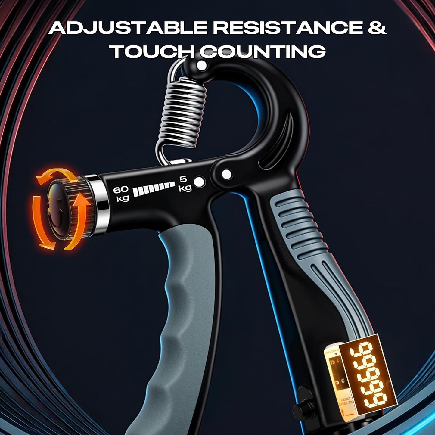 Adjustable Hand Gripper with Smart Counter, 5-60kg Resistance Grip Strength Trainer for Sports and Fitness
