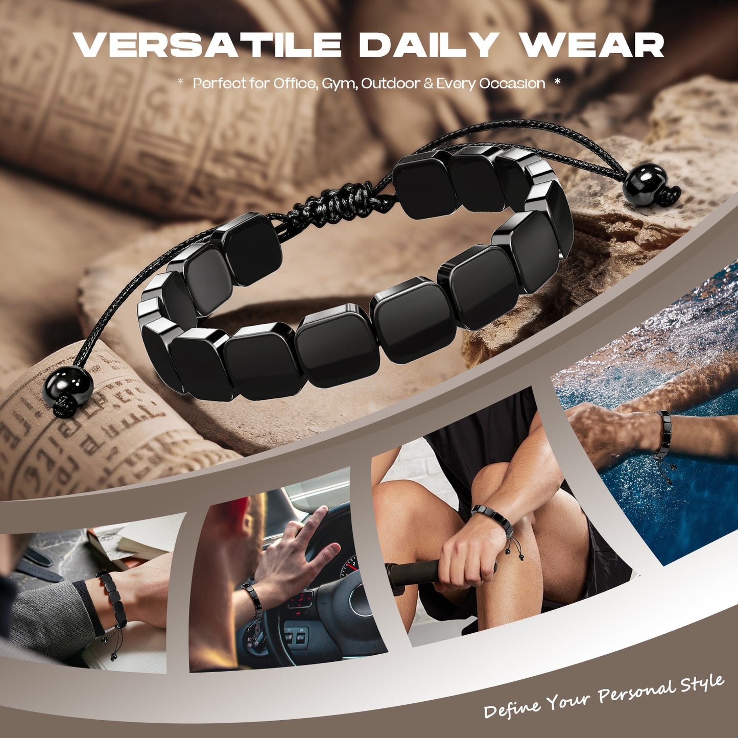 Adjustable Hematite Bracelet for Men - Natural Stone Bracelet for Masculine Energy, Inspired by Roman & Viking Warriors, Stretchable Fit for Wrist 6.3-9.5 inches (16-24cm)