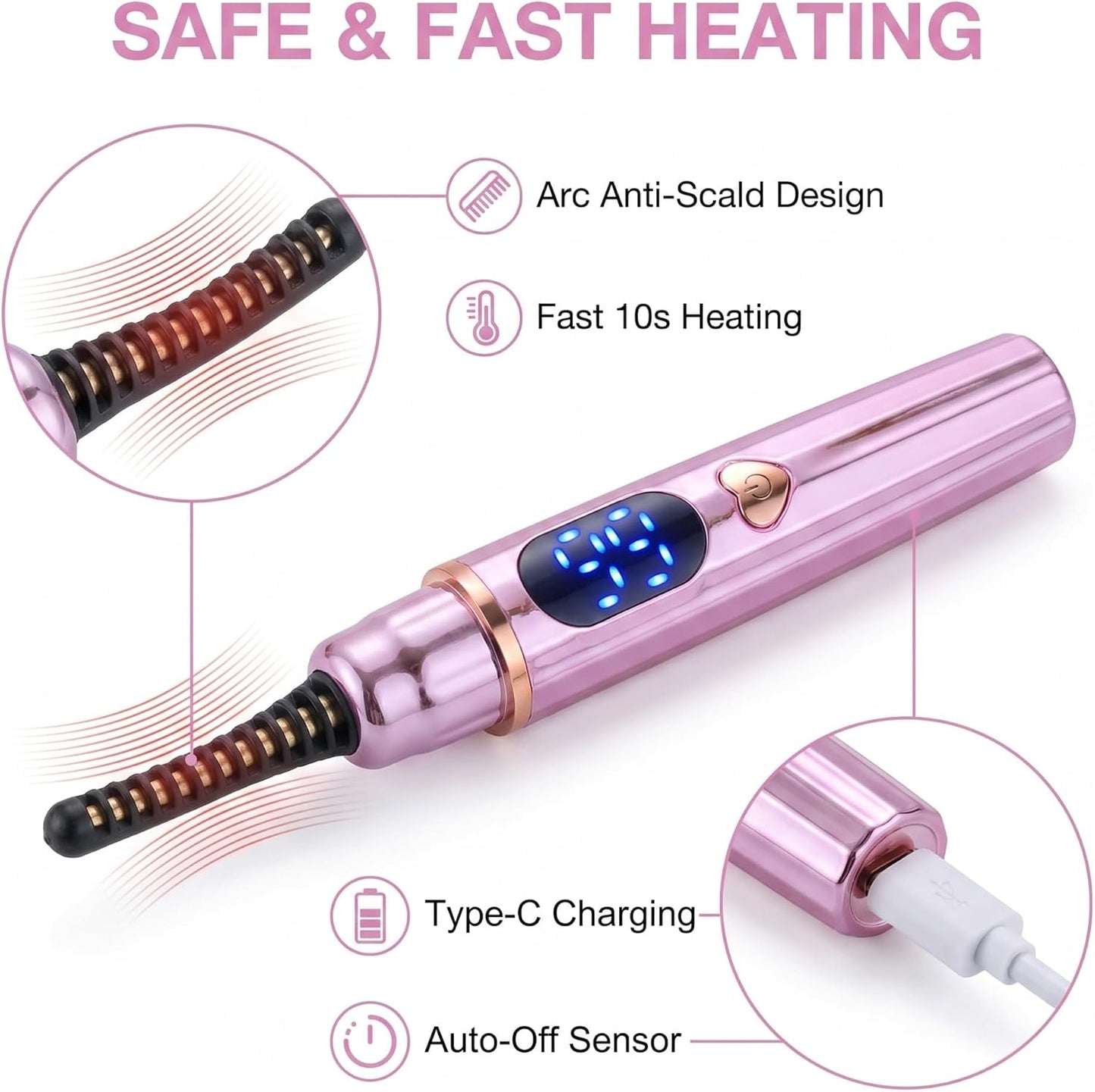 Heated Eyelash Curler- Eye Lash Curler Heat - Mini Electric Eyelash Curler with LED Display 3 Temp Settings USB Rechargeable Natural Curling 24H Long Lasting for Women