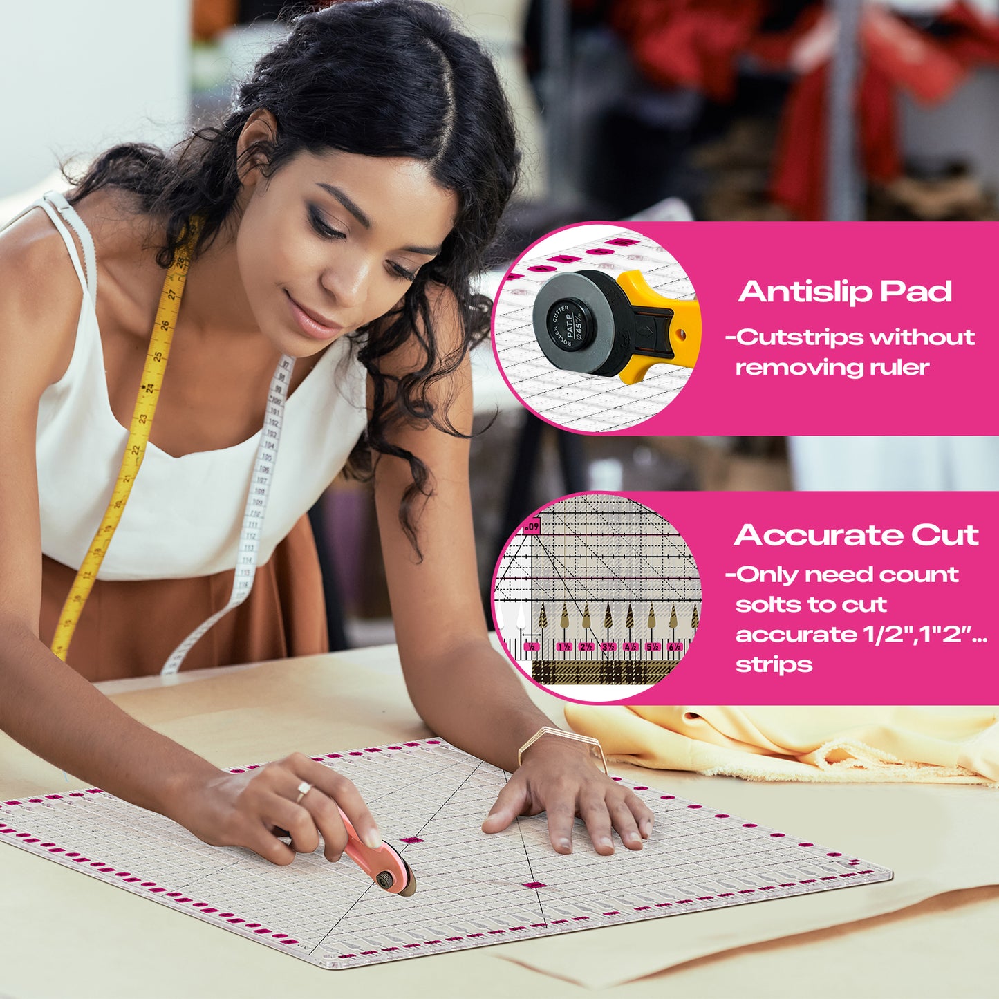 12.5x12.5 Inch Slotted Quilting Ruler with 45°/60° Multi-Angle, Non-Slip Grips & Cutting Grooves, Acrylic Sewing Ruler for Fabric Cutting and Patchwork