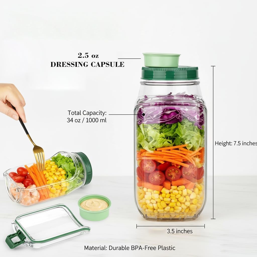 Salad Jar with Side Opening-Salad Jar Leakproof Salad Container with Dressing Cup & Lid, Lid-to-Bowl Design, Dishwasher & Freezer Safe for for Office, Gym, Travel, Picnic(7.5"x3.9"x3.5" 1PCS)