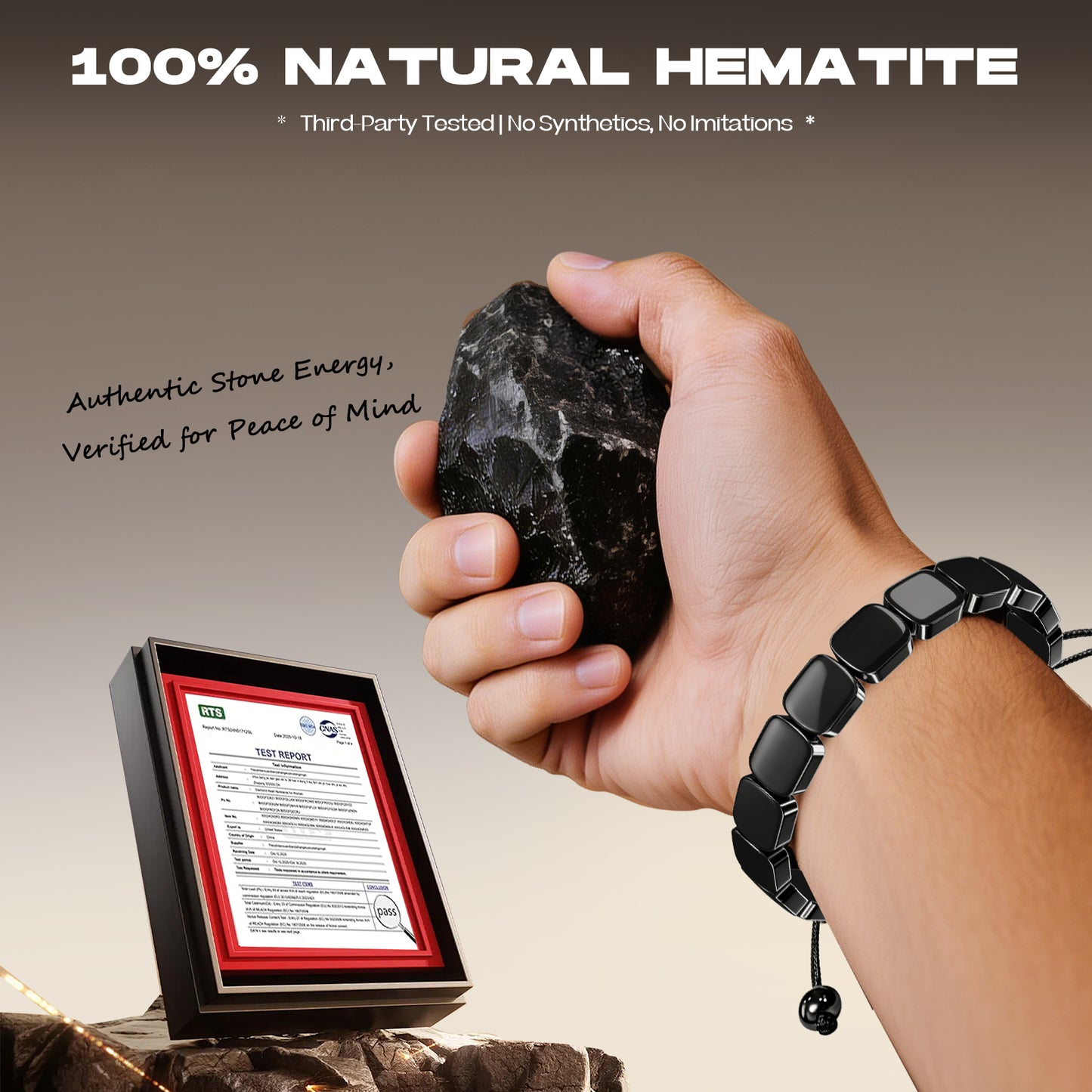 Adjustable Hematite Bracelet for Men - Natural Stone Bracelet for Masculine Energy, Inspired by Roman & Viking Warriors, Stretchable Fit for Wrist 6.3-9.5 inches (16-24cm)