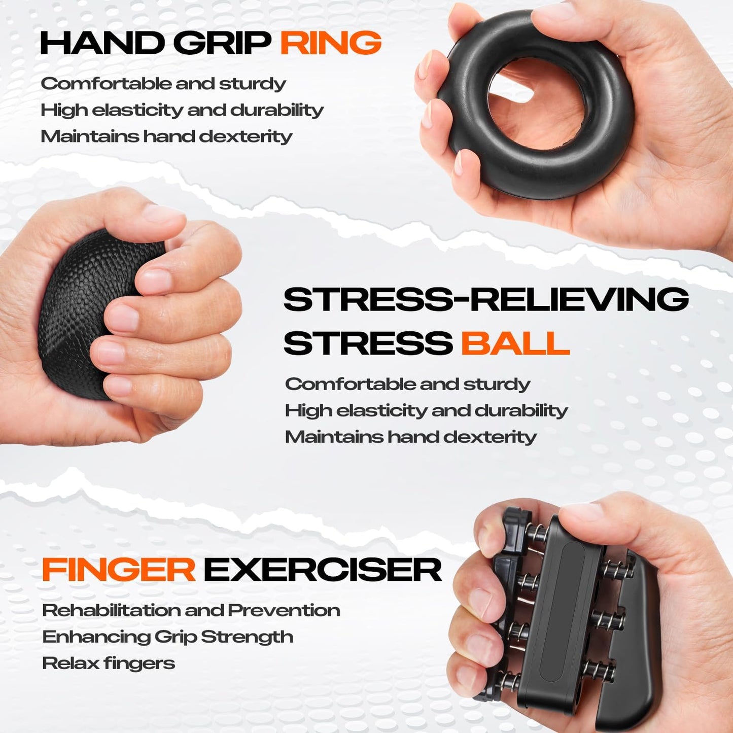Grip Strength Trainer Kit (10-Pack): Adjustable Hand Gripper & Forearm Strengthener with Finger Stretcher, Ring, Stress Ball & 5 Bands for Muscle & Recovery.