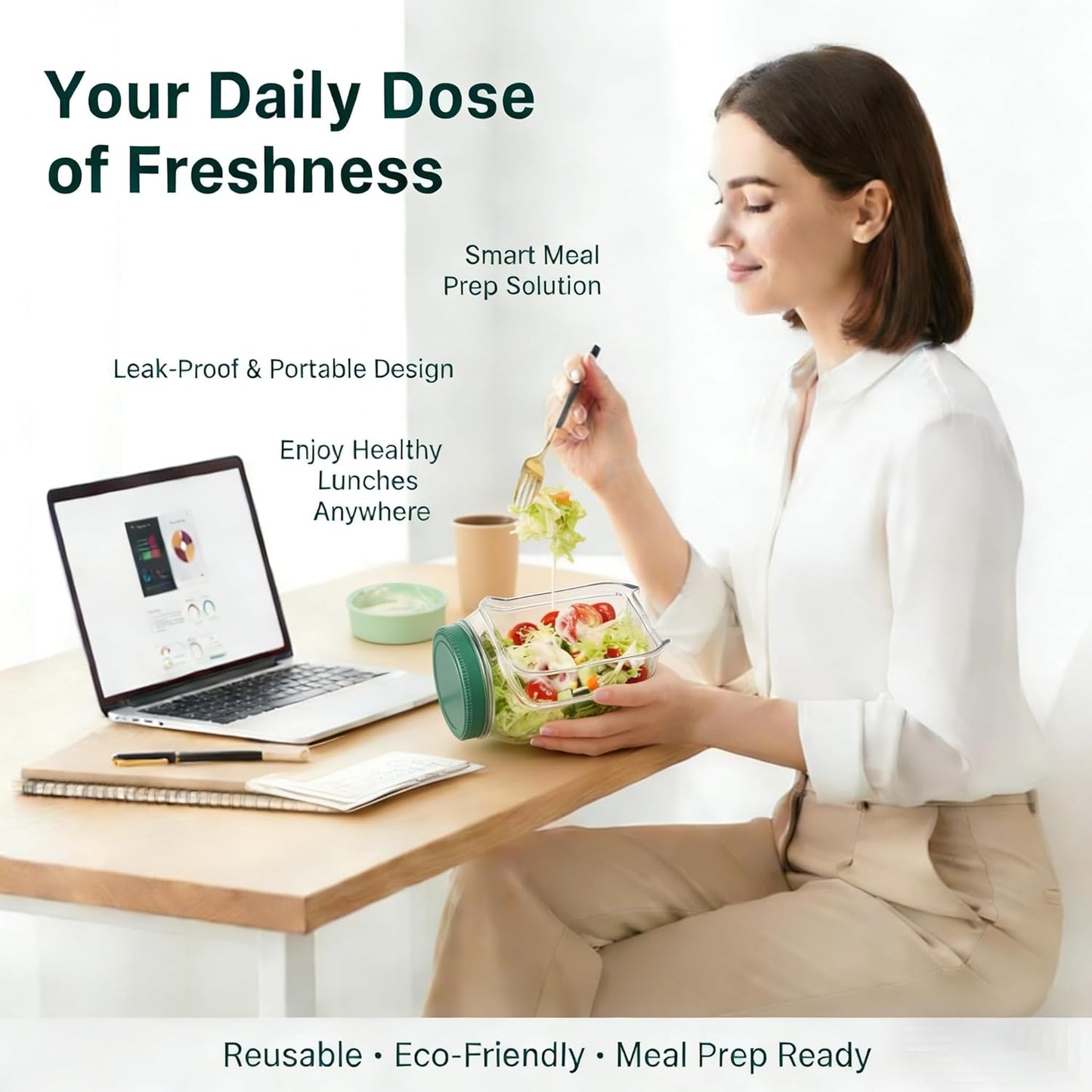 Salad Jar with Side Opening-Salad Jar Leakproof Salad Container with Dressing Cup & Lid, Lid-to-Bowl Design, Dishwasher & Freezer Safe for for Office, Gym, Travel, Picnic(7.5"x3.9"x3.5" 1PCS)