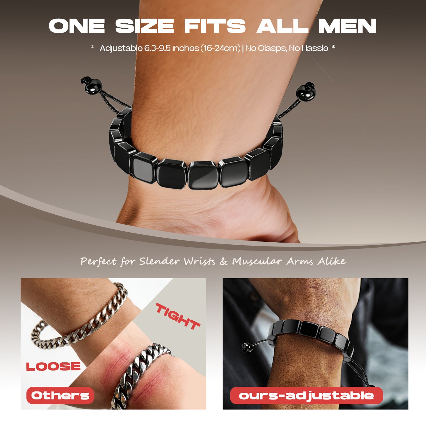 Adjustable Hematite Bracelet for Men - Natural Stone Bracelet for Masculine Energy, Inspired by Roman & Viking Warriors, Stretchable Fit for Wrist 6.3-9.5 inches (16-24cm)