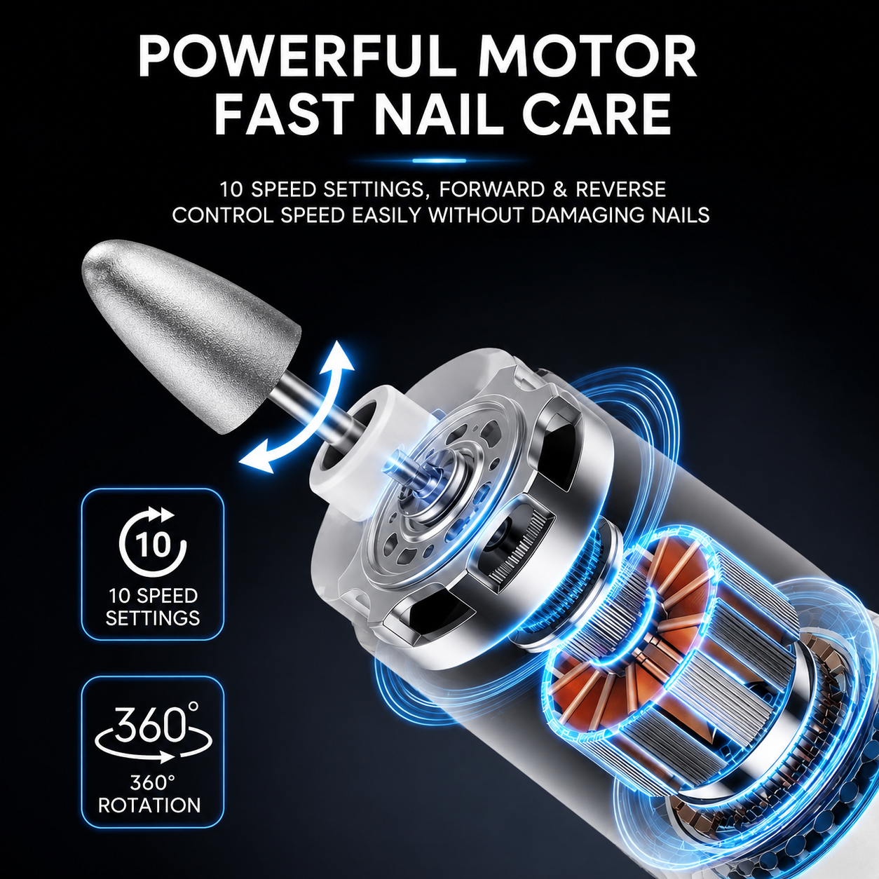 Portable Electric Nail Drill Kit – Rechargeable, 10 Speeds, LED Light & Dust Cover, 10 Bits for Acrylic/Gel Polish Removal, Nail Shaping & Cuticle Care