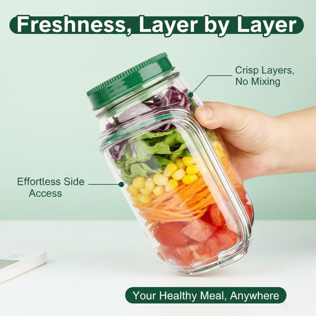 Salad Jar with Side Opening-Salad Jar Leakproof Salad Container with Dressing Cup & Lid, Lid-to-Bowl Design, Dishwasher & Freezer Safe for for Office, Gym, Travel, Picnic(7.5"x3.9"x3.5" 1PCS)
