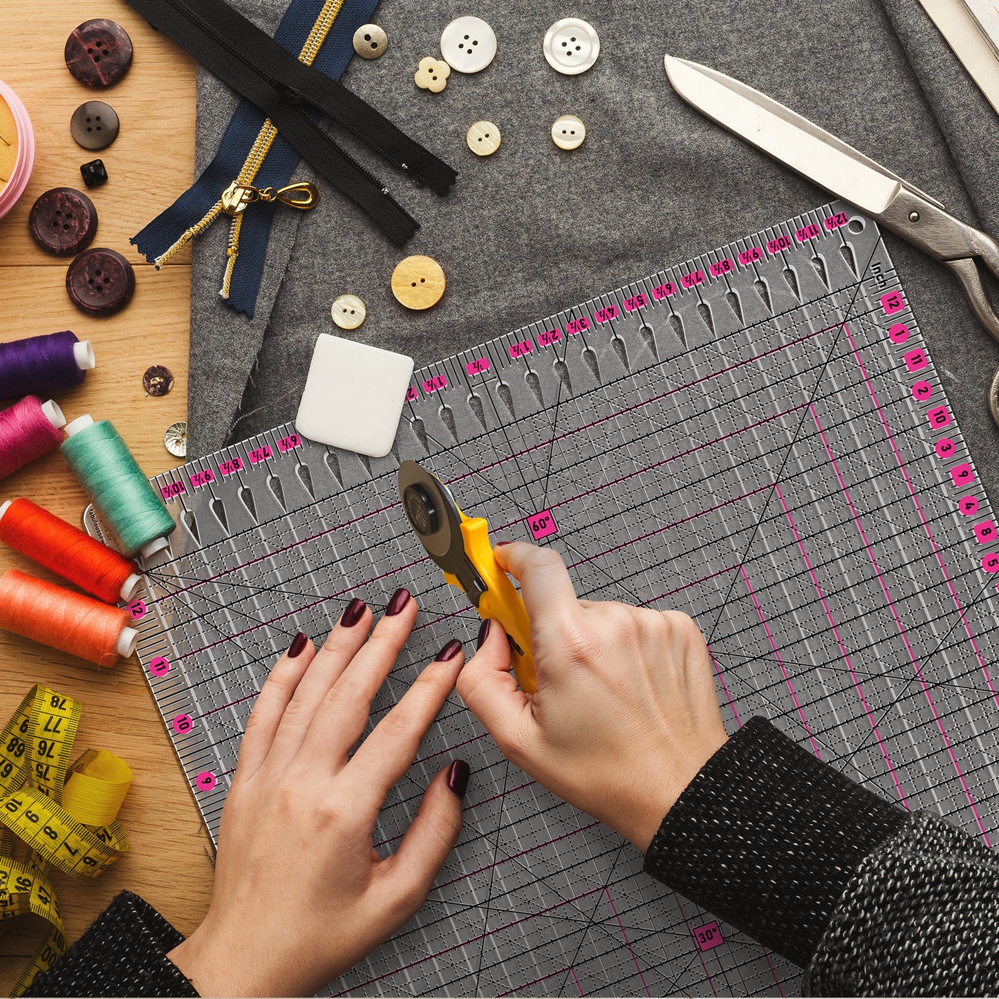 12.5x12.5 Inch Slotted Quilting Ruler with 45°/60° Multi-Angle, Non-Slip Grips & Cutting Grooves, Acrylic Sewing Ruler for Fabric Cutting and Patchwork
