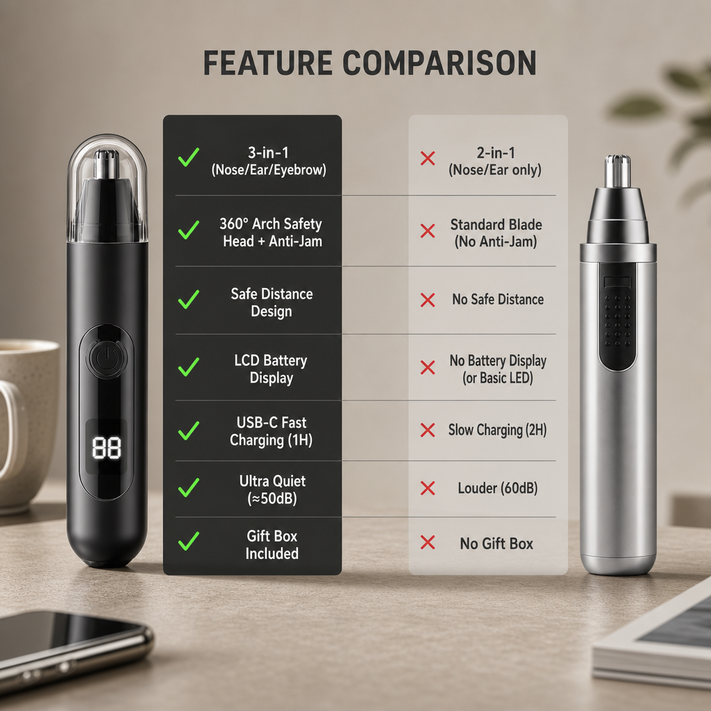 3 in 1 Nose Ear Eyebrow Trimmer for Men Women, Painless Rechargeable Nose Hair Trimmer LCD Display, USB-C Fast Charging Waterproof Quiet Anti-Jam
