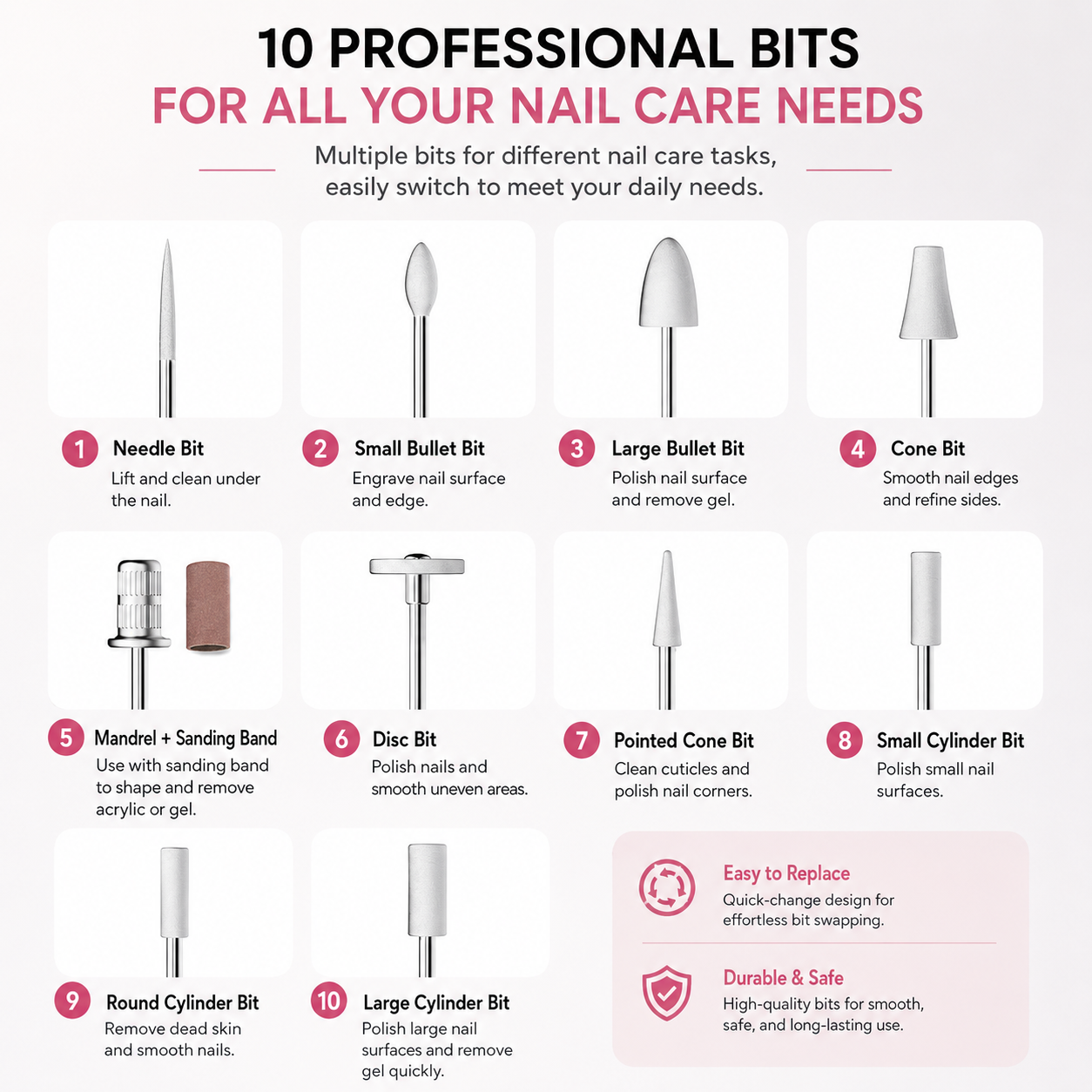 Portable Electric Nail Drill Kit – Rechargeable, 10 Speeds, LED Light & Dust Cover, 10 Bits for Acrylic/Gel Polish Removal, Nail Shaping & Cuticle Care