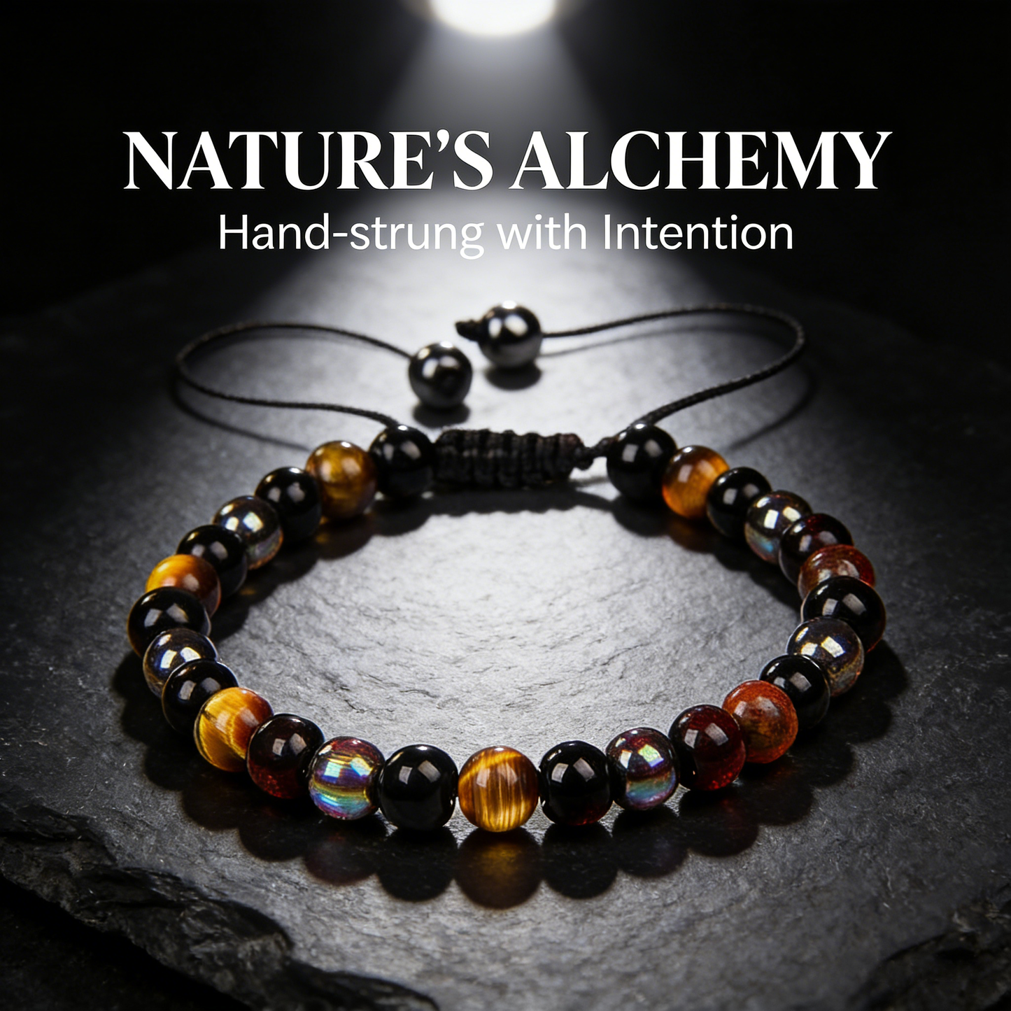 Men’s Adjustable Stretch Bracelet with Tiger Eye, Rainbow Obsidian & Hematite - Natural Stone Bead Jewellery, Gift for Him, Fits 6.3-9.5 Inch