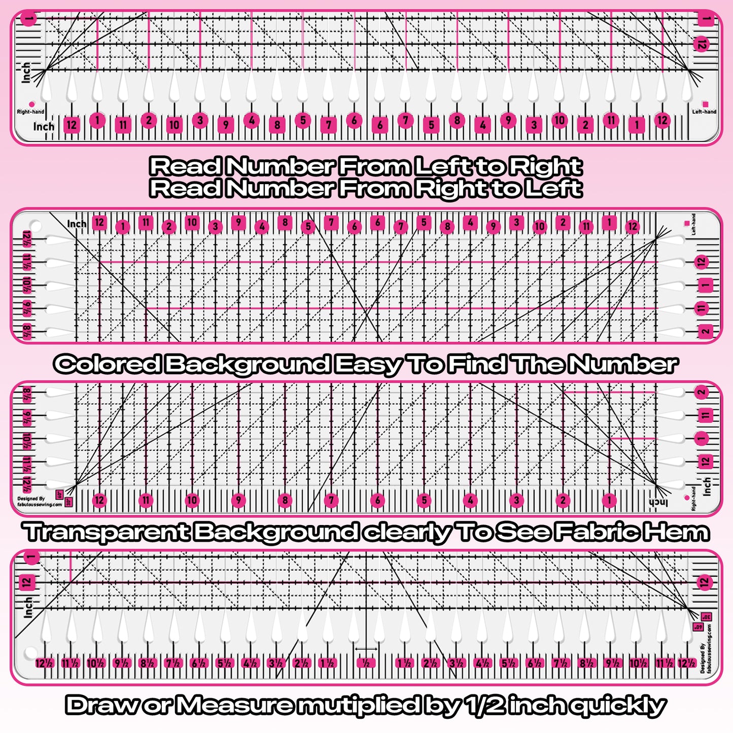12.5x12.5 Inch Slotted Quilting Ruler with 45°/60° Multi-Angle, Non-Slip Grips & Cutting Grooves, Acrylic Sewing Ruler for Fabric Cutting and Patchwork