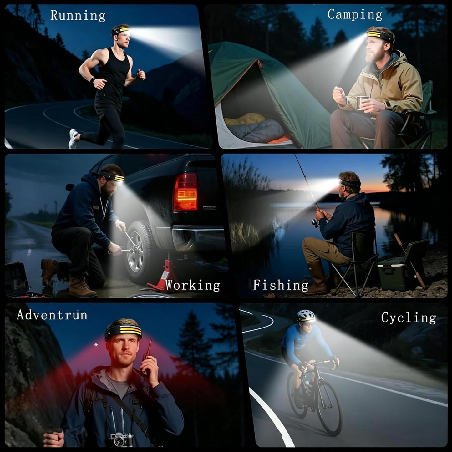 Ultralight 98g COB LED Head Torch Rechargeable 230 Wide Angle Motion Sensor Headlamp with Red Yellow White Warning Light Hands Free Flashlight for Camping Safety Emergency [Energy Class A++]