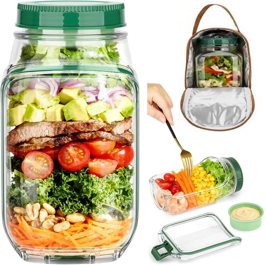 Salad Jar with Side Opening-Salad Jar Leakproof Salad Container with Dressing Cup & Lid, Lid-to-Bowl Design, Dishwasher & Freezer Safe for for Office, Gym, Travel, Picnic(7.5"x3.9"x3.5" 1PCS)