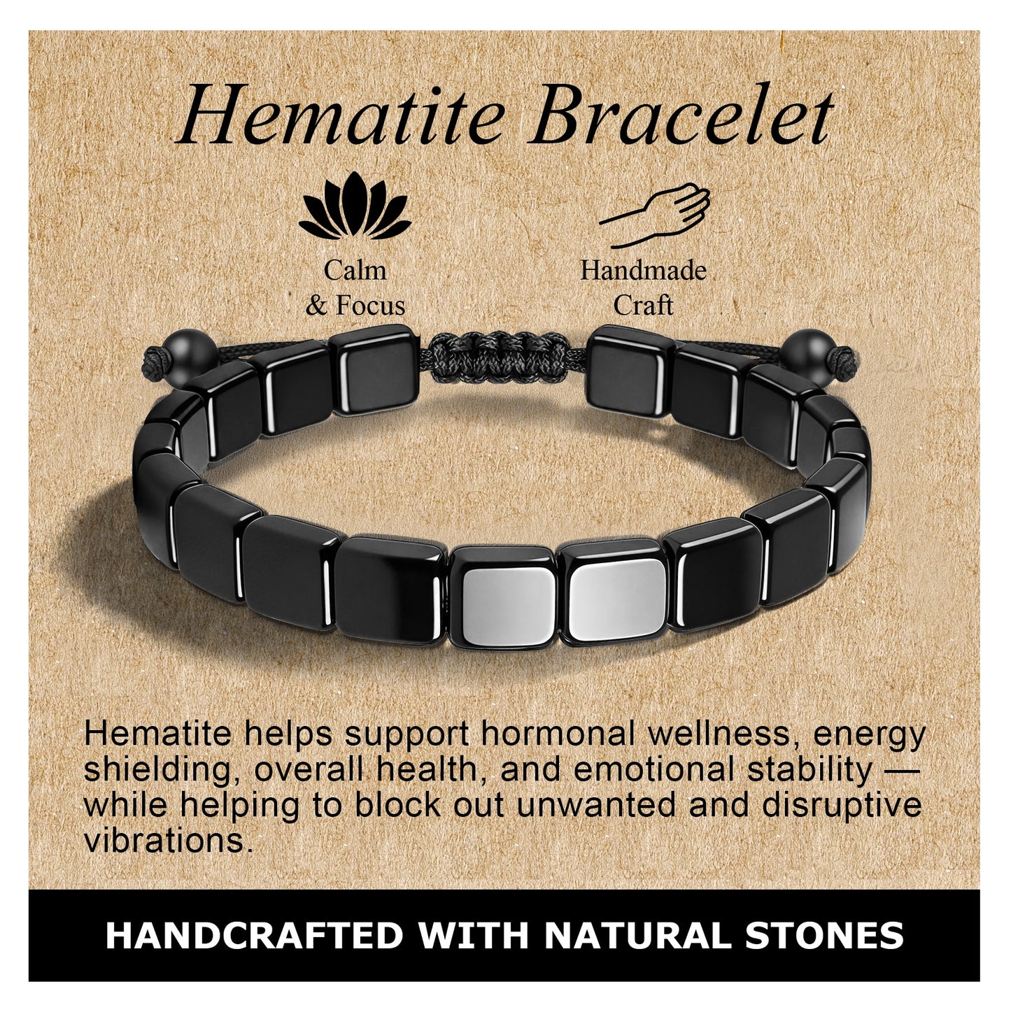 Adjustable Hematite Bracelet for Men - Natural Stone Bracelet for Masculine Energy, Inspired by Roman & Viking Warriors, Stretchable Fit for Wrist 6.3-9.5 inches (16-24cm)