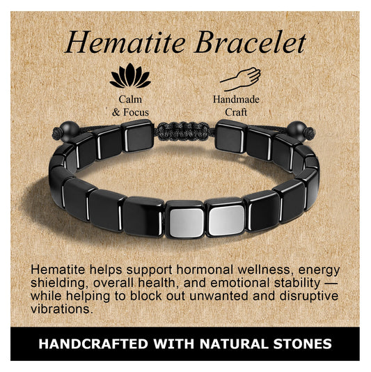 Adjustable Hematite Bracelet for Men - Natural Stone Bracelet for Masculine Energy, Inspired by Roman & Viking Warriors, Stretchable Fit for Wrist 6.3-9.5 inches (16-24cm)